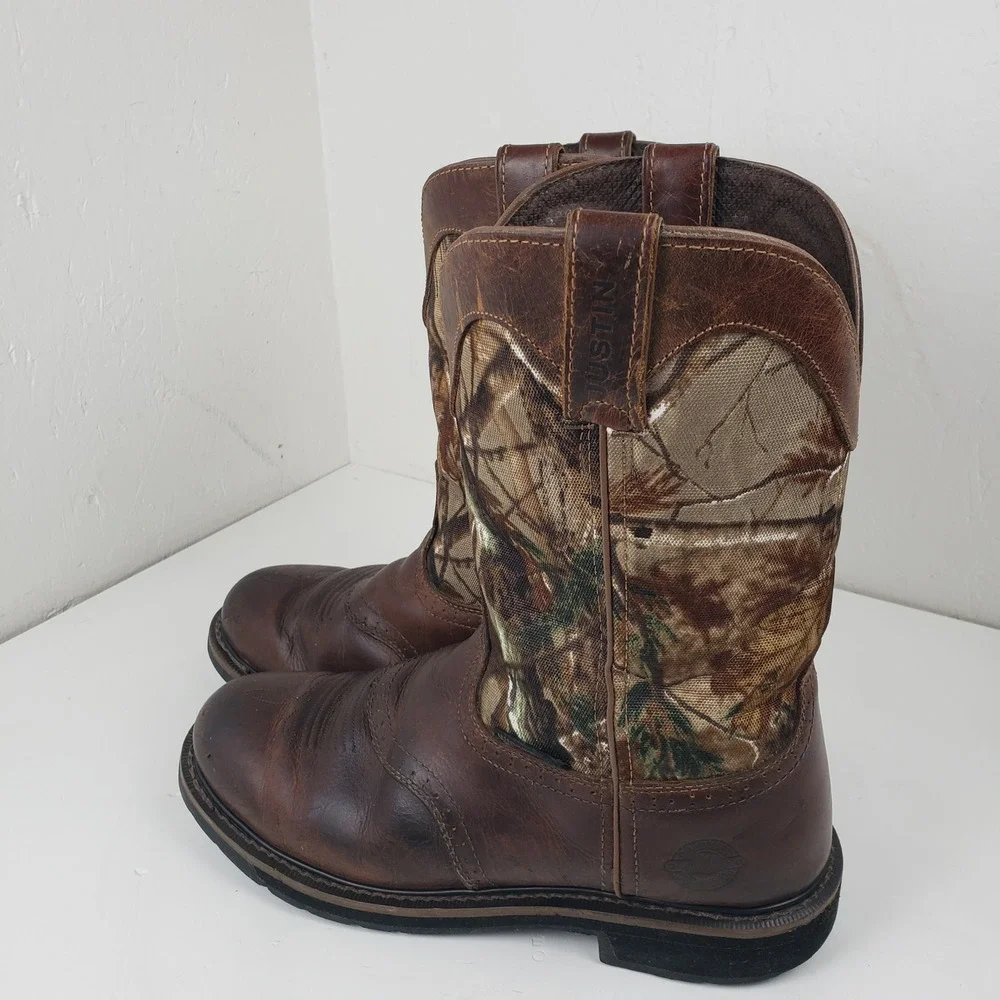 Justin Mens WK4675 Waterproof Camo Work Boots Brown Leather 10.5 EE Wide